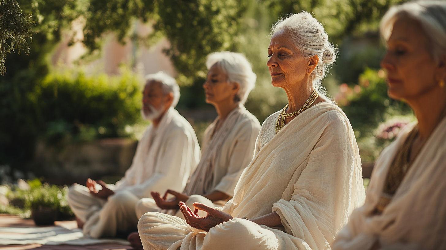 Група от възрастни хора практикуват йога в спокойна атмосфера в нашия център